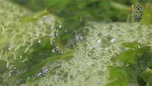 艾草葉放入煮沸的水中，加點食用堿，待變成深綠色時撈出，放入冰水中，瀝干備用。